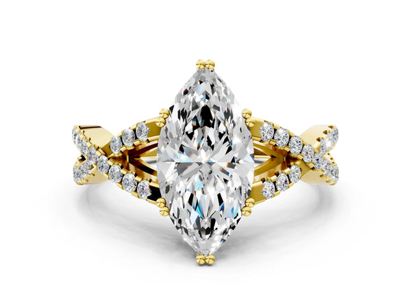 Yellow gold Marquise Solitaire Twist Band with Pavé Setting and Four-Prong Setting_12