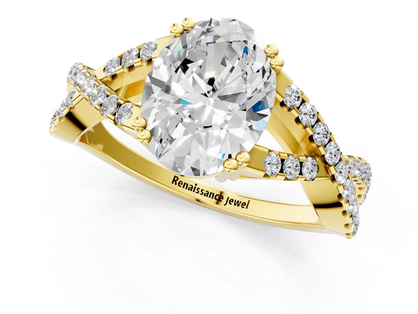 Yellow gold Oval Solitaire Twist Band with Pavé Setting and Four-Prong Setting_31