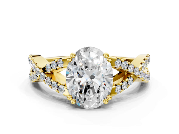 Yellow gold Oval Solitaire Twist Band with Pavé Setting and Four-Prong Setting_42