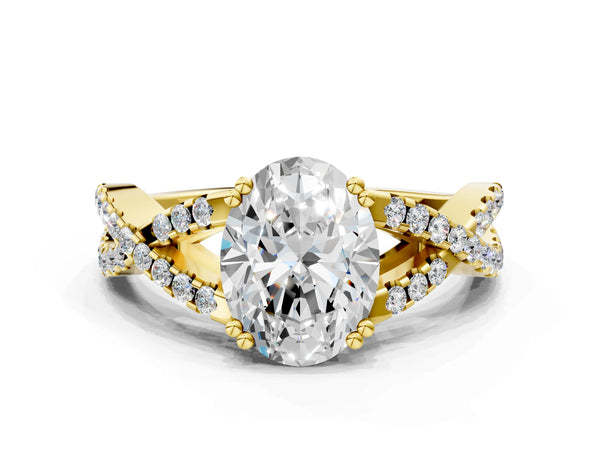 Yellow gold Oval Solitaire Twist Band with Pavé Setting and Four-Prong Setting_48