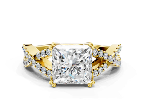 Yellow gold Princess Solitaire Twist Band with Pavé Setting and Four-Prong Setting_48