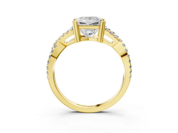 Yellow gold Princess Solitaire Twist Band with Pavé Setting and Four-Prong Setting_75
