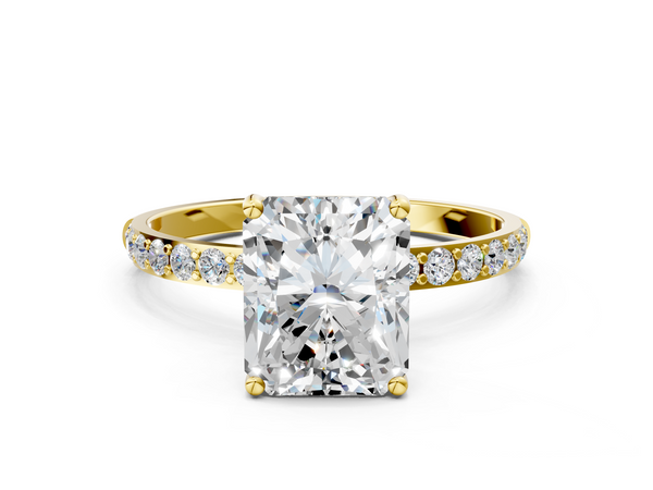 Yellow gold Radiant Cut Diamond Pavé Band Solitaire Ring with Four-Prong Setting