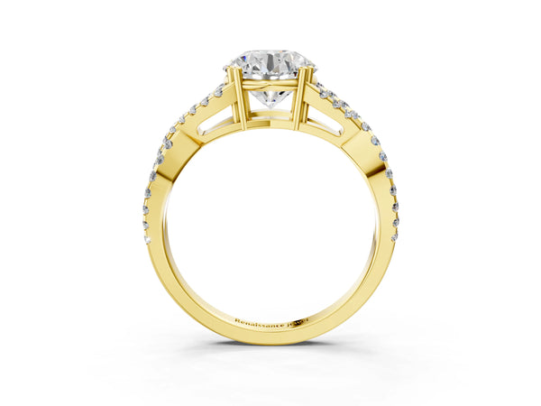 Yellow gold Round Solitaire Twist Band with Pavé Setting and Four-Prong Setting_27