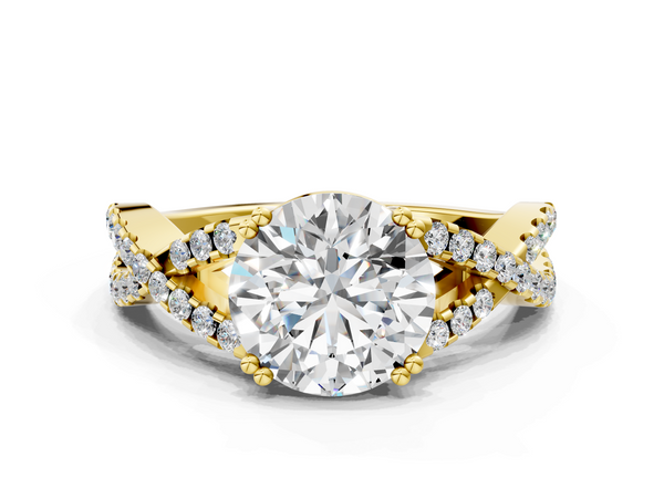 Yellow gold Round Solitaire Twist Band with Pavé Setting and Four-Prong Setting