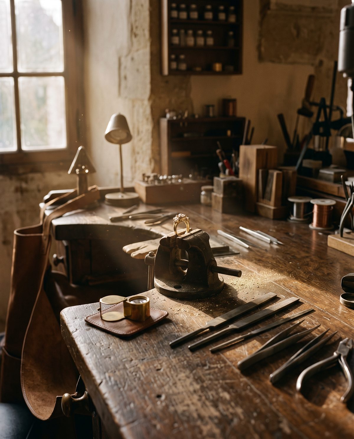 A jeweller's bench at first light, tools laid out and a ring in a clamp