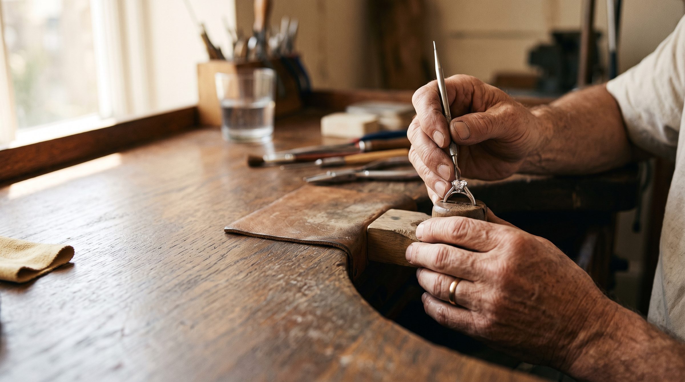 A jeweller setting a diamond into a platinum ring at the bench