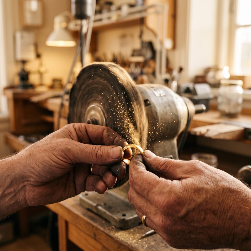 A craftsman polishing a gold band by hand