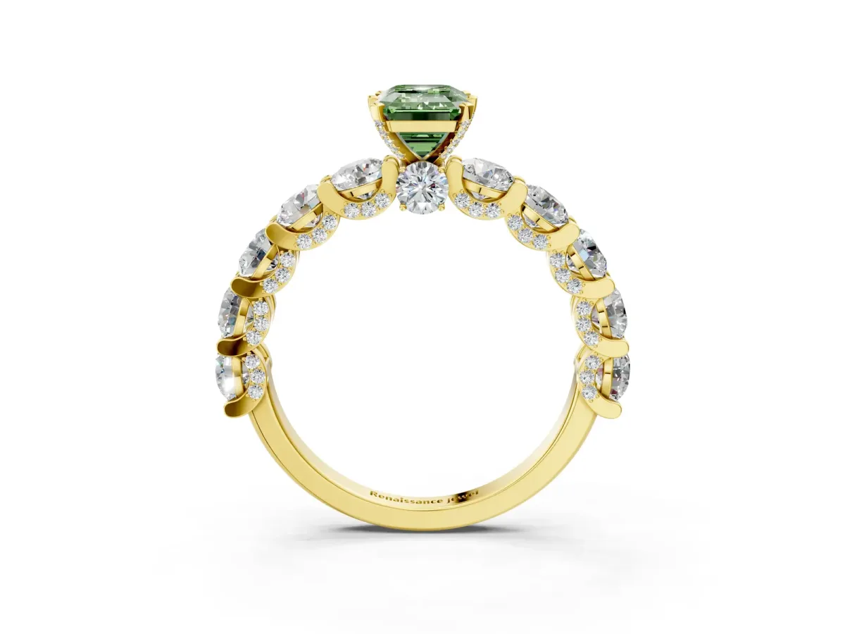 Fancy Green Emerald Cut Diamond Side Stone Engagement Ring with Four-Prong Setting Yellow gold