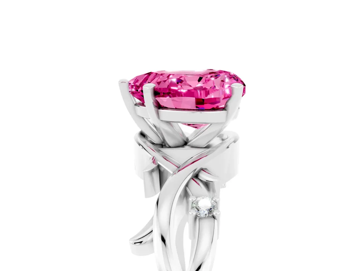 Heart Cut Pink Sapphire Solitaire Ring with Twisted Band and Prong Setting Silver