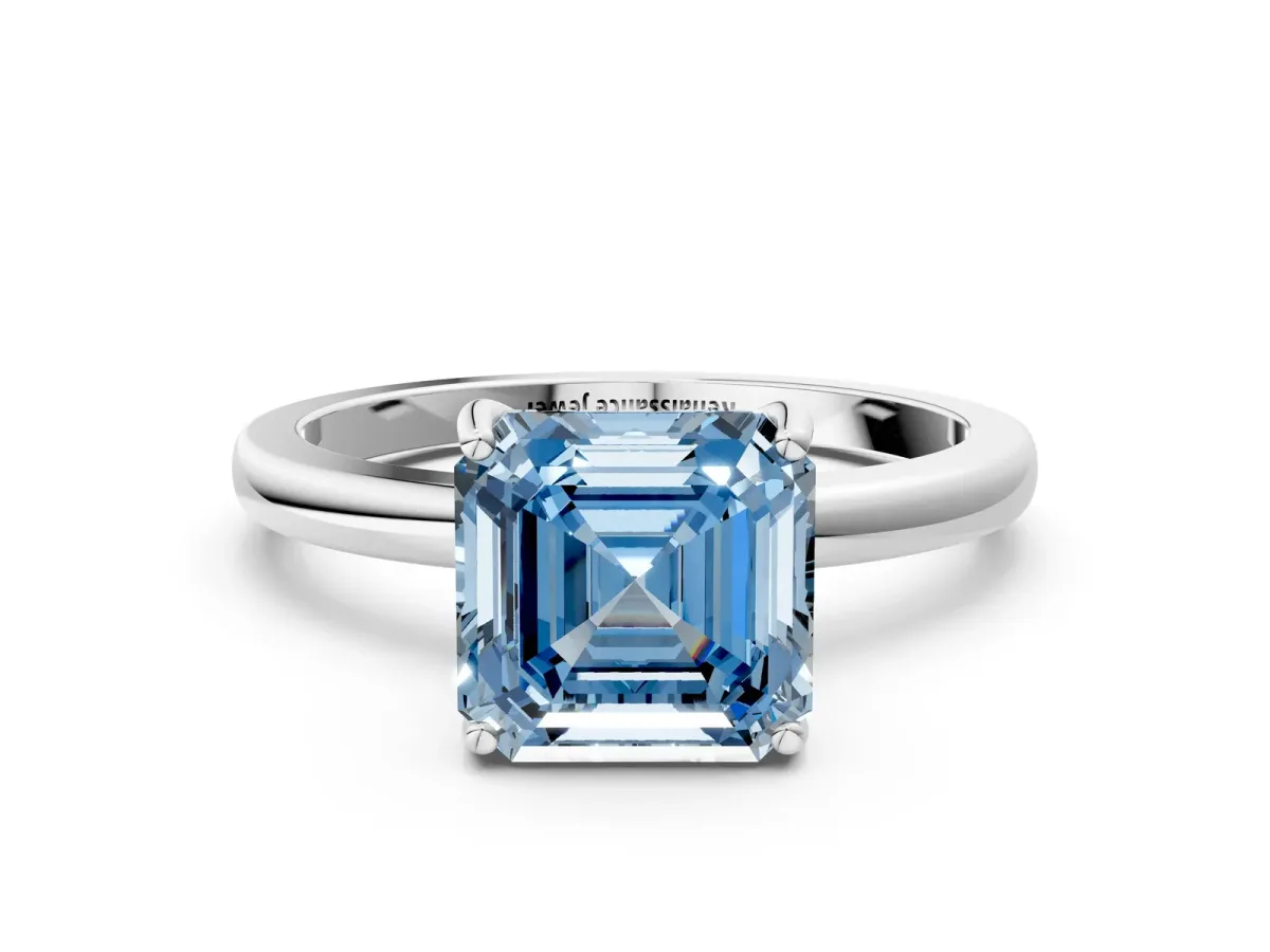 Fancy Blue Asscher Cut Solitaire Diamond Ring with Prong Setting and Plain Band Silver
