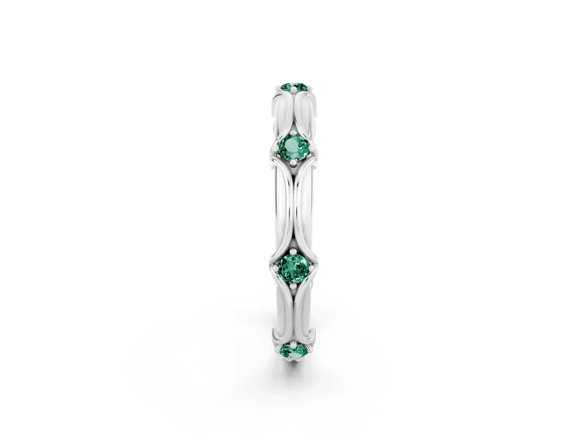 Round Green Sapphire Prong Set Milgrain Eternity Band Silver