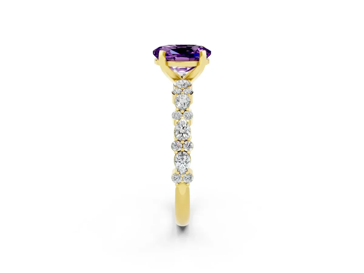 Oval Cut Amethyst Side Stone Solitaire Ring with Round and Four-Prong Setting Yellow gold