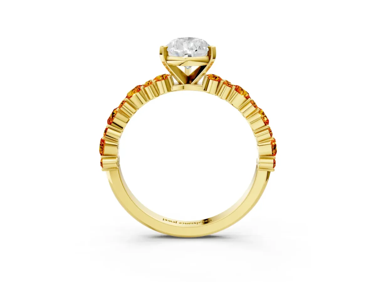 Pear Cut Diamond Side Stone Solitaire Ring with Round Citrine and Four-Prong Setting Yellow gold
