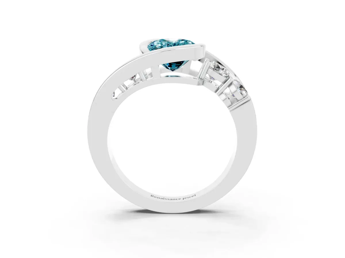 Bezel Set Oval Cut Blue Topaz Bypass Ring with Round Accents Silver
