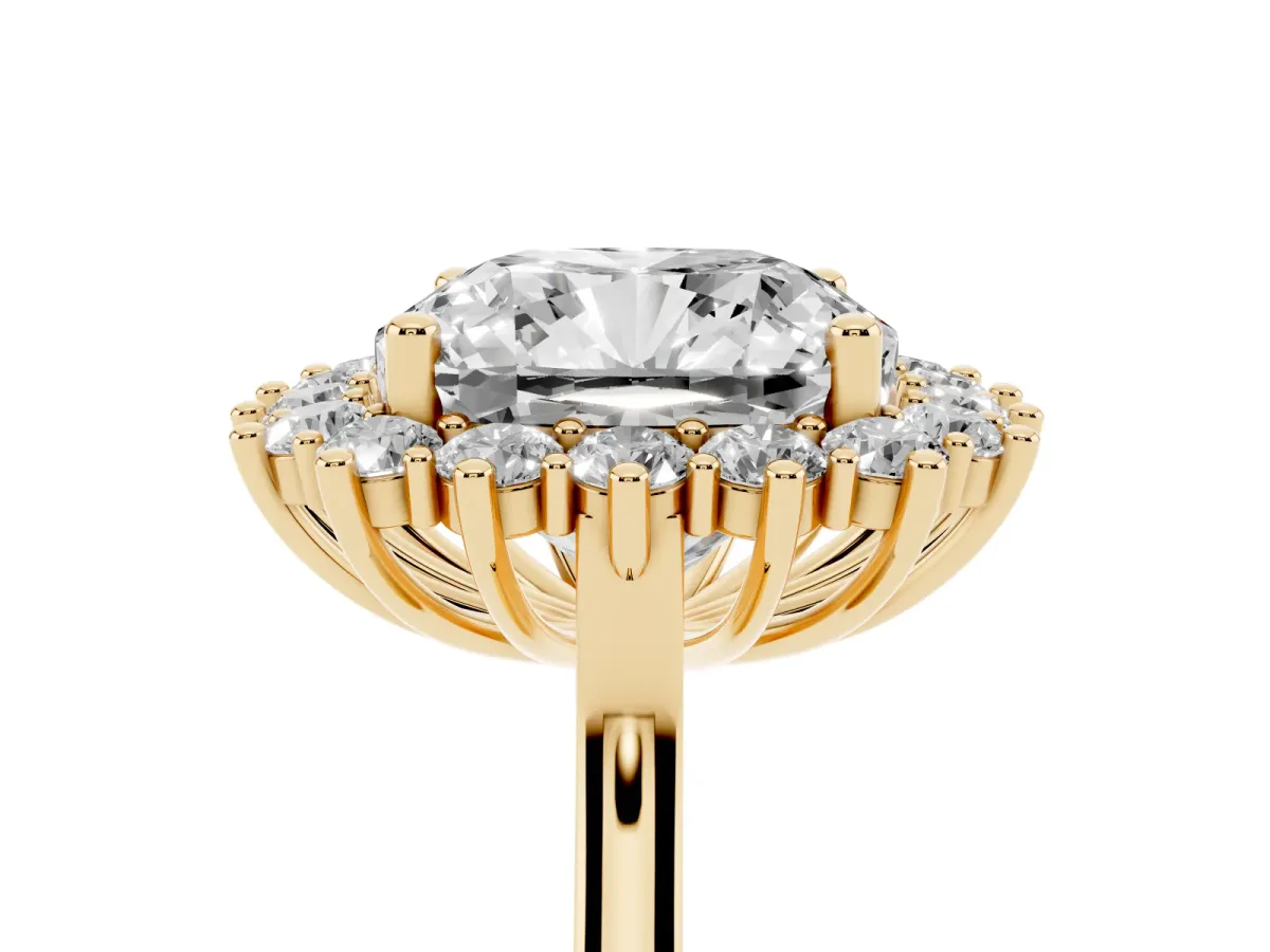 Cushion Diamond Halo Engagement Ring with Round Diamond Accents Yellow gold