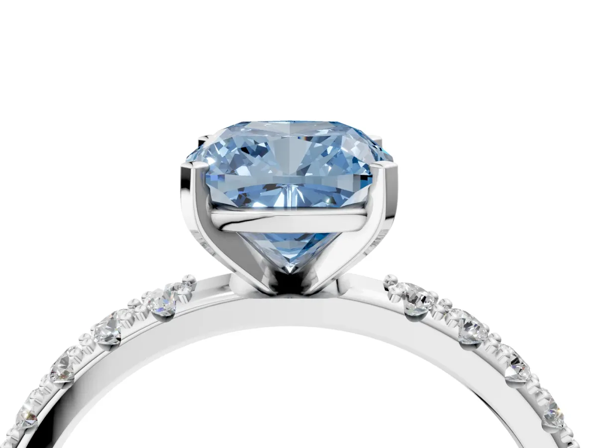 Fancy Blue Cushion Cut Diamond Solitaire Pavé Band with Four-Prong Setting Silver