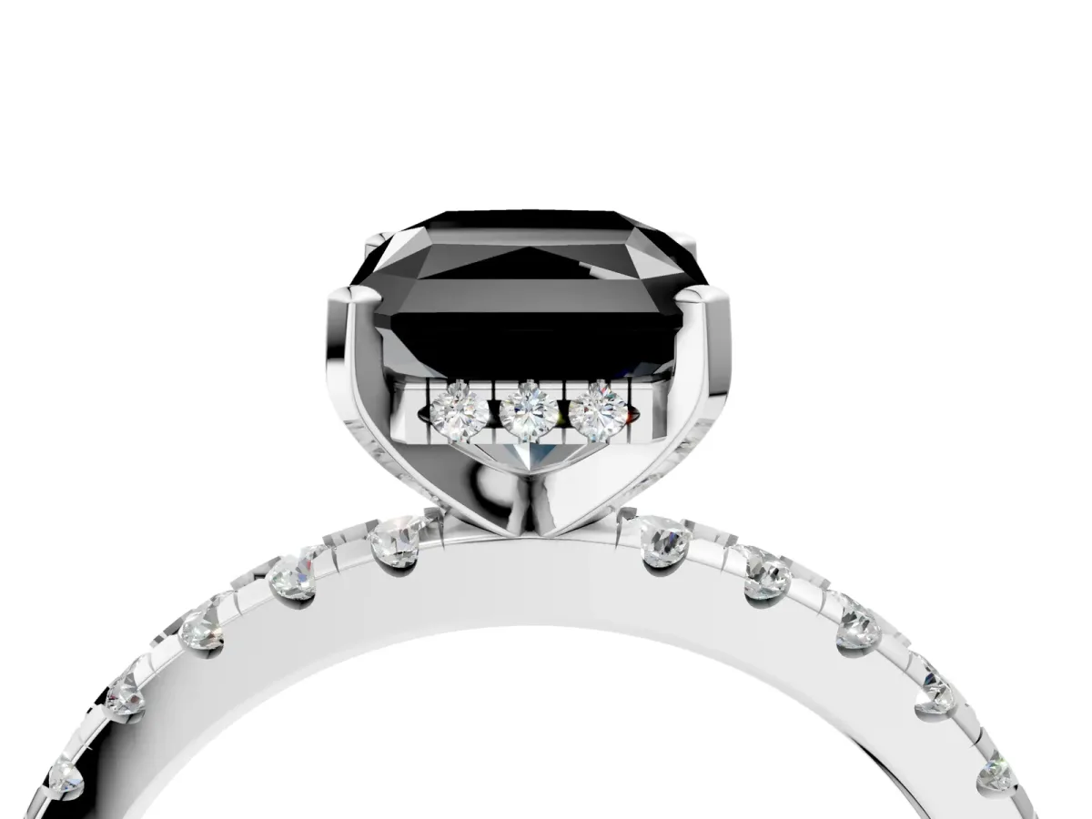 Fancy Black Radiant Cut Diamond Solitaire Ring with Round Pavé Band and Four-Prong Setting Silver