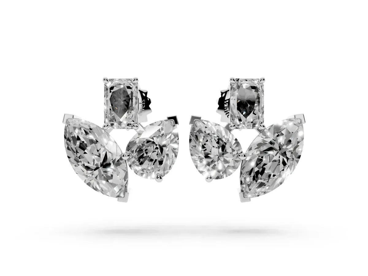 Emerald, Marquise and Pear Diamond Mosaic Three Stone Fan Earrings Platinum