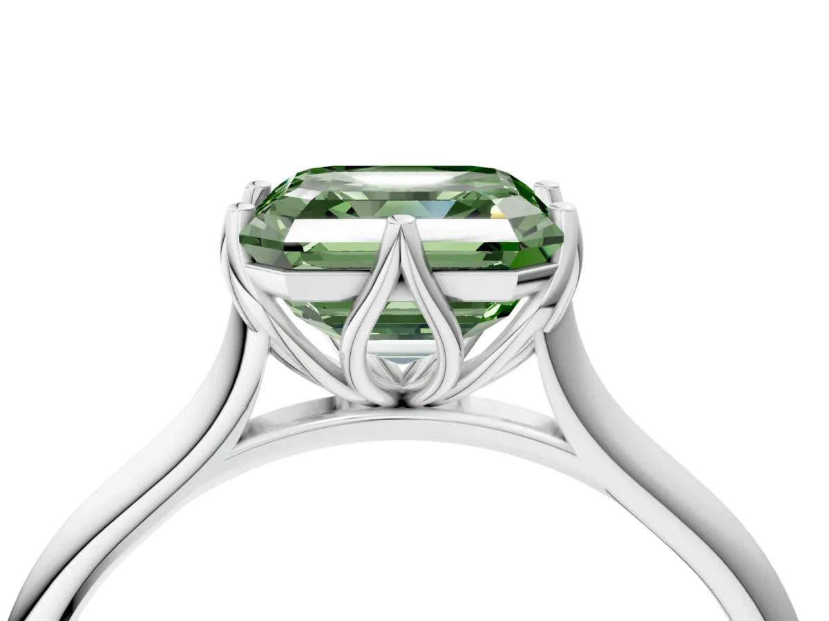 Fancy Green Asscher Cut Solitaire Cathedral Diamond Ring with Six-Prong Setting Platinum