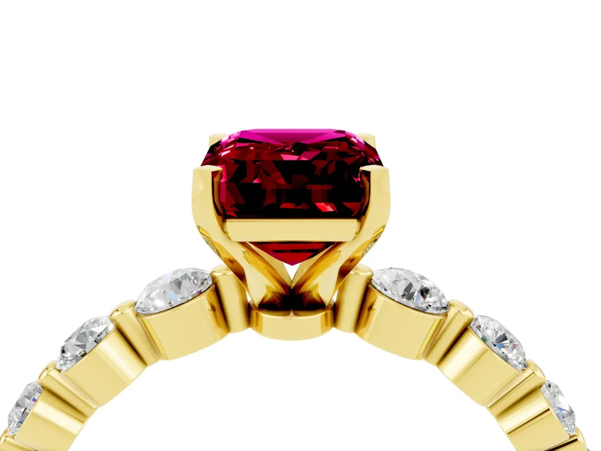 Emerald Cut Solitaire Garnet Ring with Pave Band and Four-Prong Setting Yellow gold