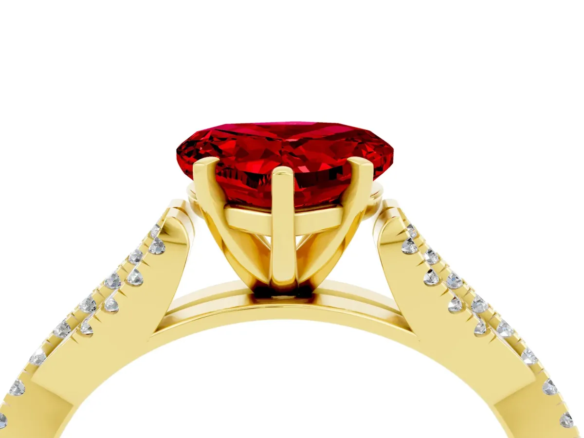 Heart Cut Ruby Solitaire Engagement Ring with Twisted Pavé Band and Four-Prong Setting Yellow gold