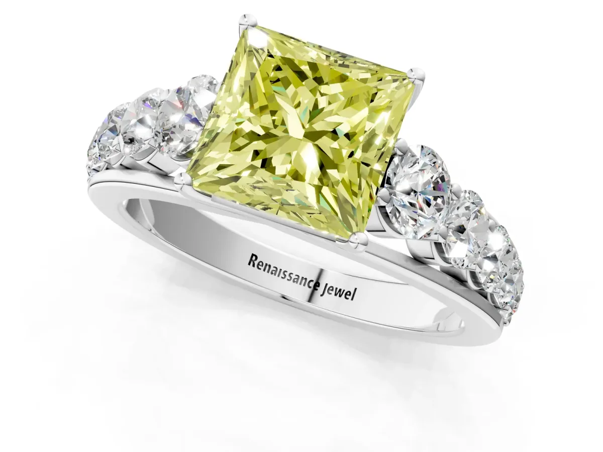 Fancy Yellow Princess Cut Brilliant Diamond Pavé Band with Six-Prong Setting Silver