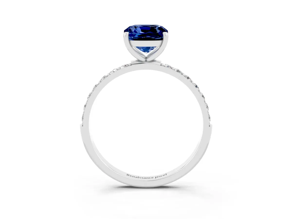 Cushion Cut Blue Sapphire Solitaire Ring with Round Pavé Band and Prong Setting Silver
