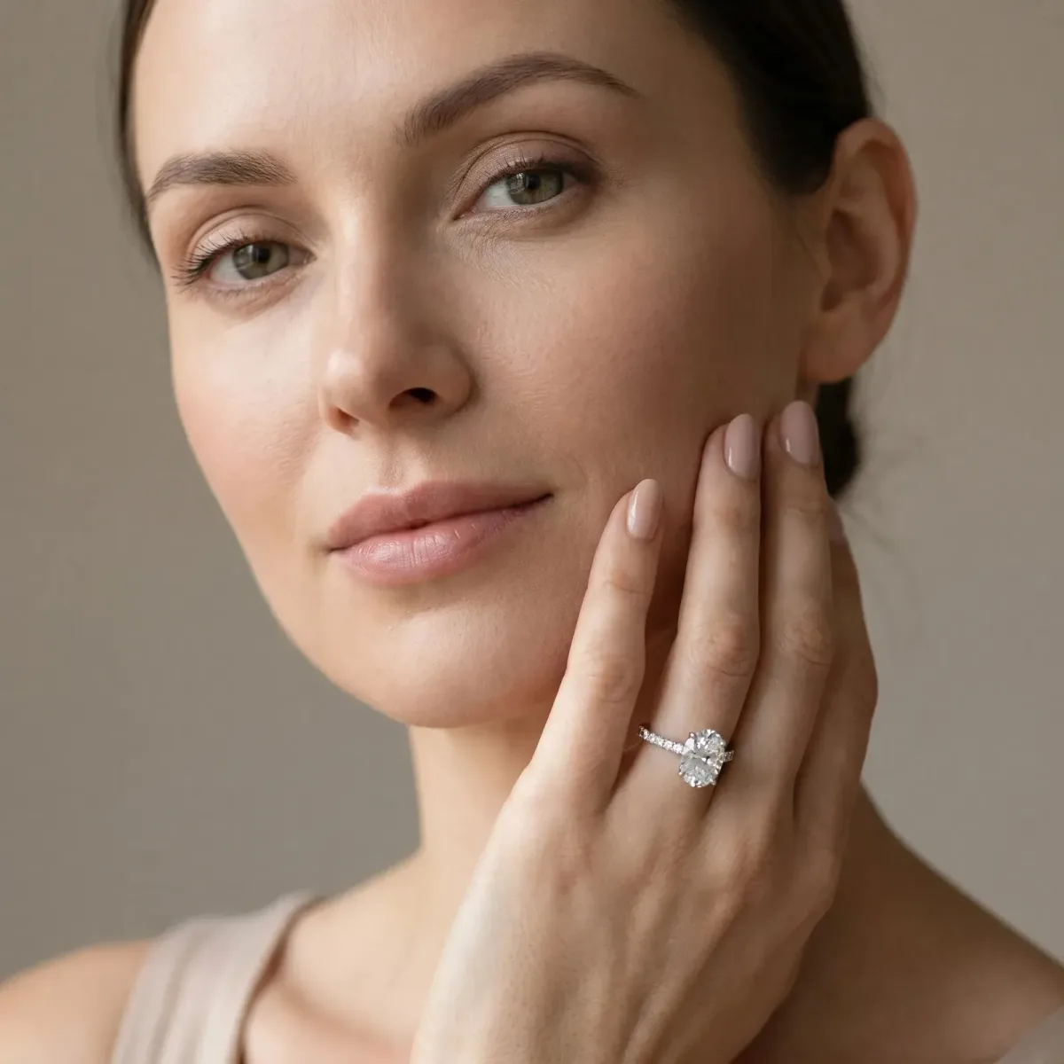 Oval Cut Diamond Solitaire Ring with Round Pavé Band and Prong Setting White gold