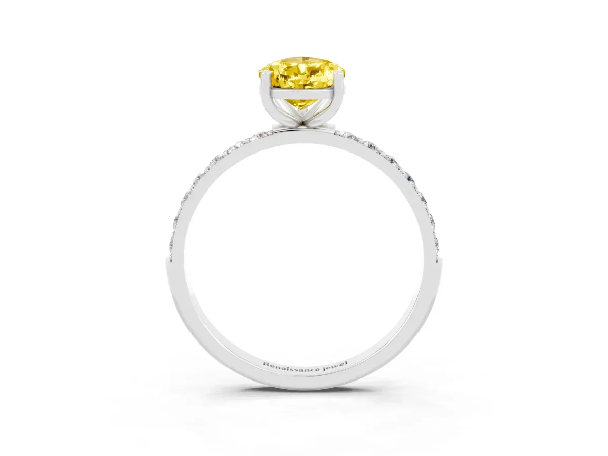 Pear Cut Yellow Sapphire Solitaire Ring with Round Pavé Band and Prong Setting Silver