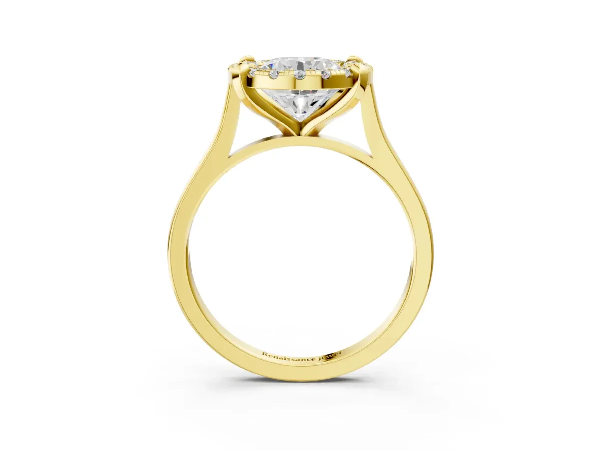 Round Cut Diamond Cluster Halo Solitaire with Four-Prong Setting Yellow gold