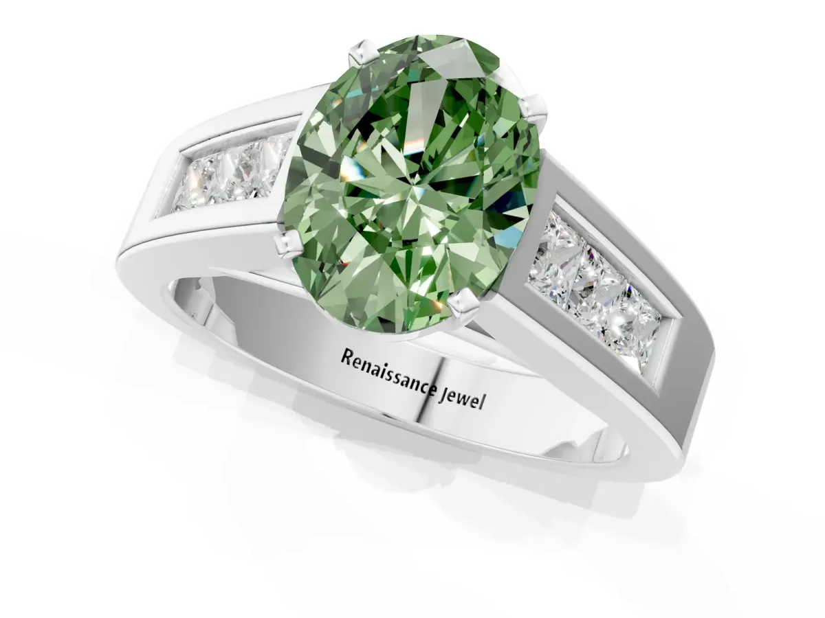 Fancy Green Oval Cut Cut Channel Set Solitaire Ring with Four-Prong Setting Platinum