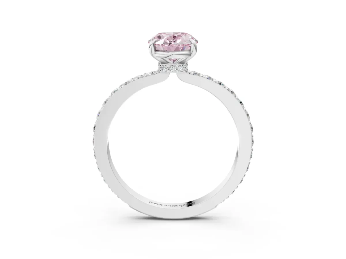 Fancy Pink Oval Cut Diamond Solitaire Engagement Ring with Pavé Band and Four-Prong Setting Silver
