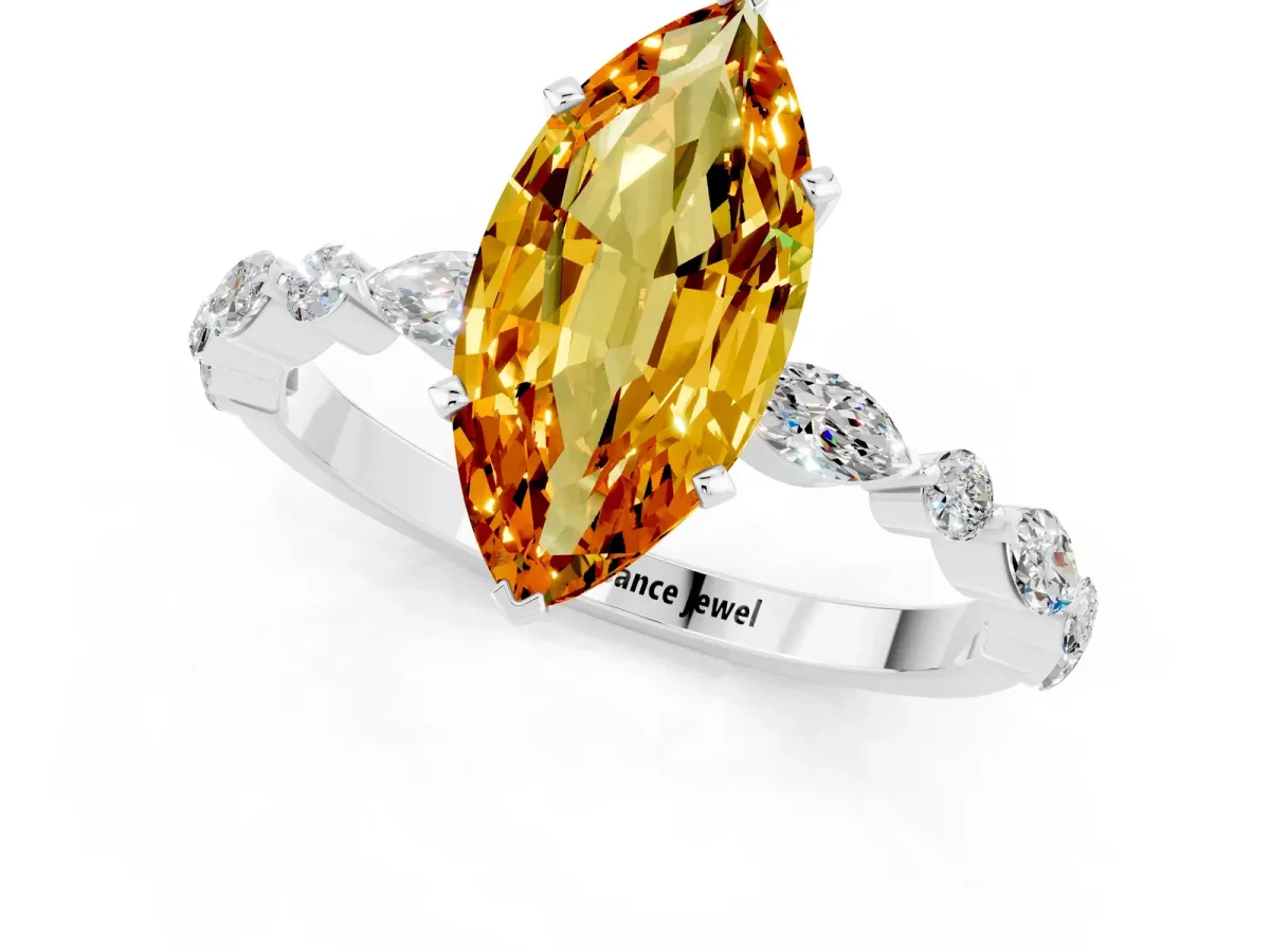 Marquise Cut Citrine Ring with Marquise and Round Side Stones and Four-Prong Setting Silver