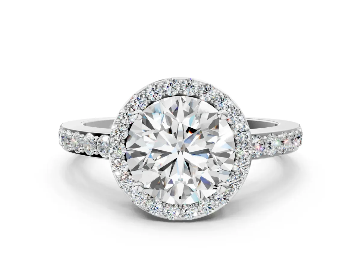 Round Cut Halo Diamond Pavé Band Ring with Prong Setting Platinum