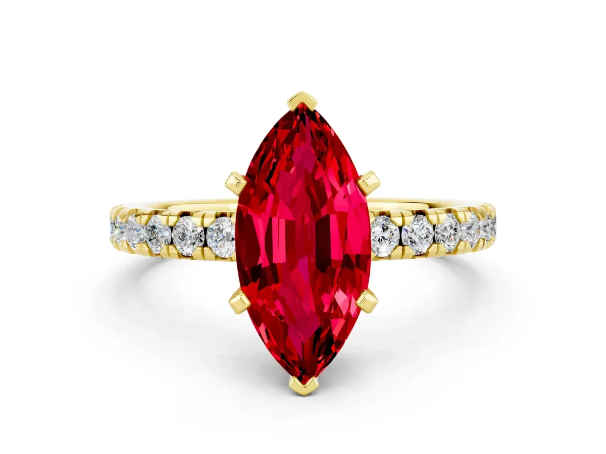 Marquise Cut Ruby Solitaire Pavé Engagement Ring with Round Band and Prong Setting Yellow gold