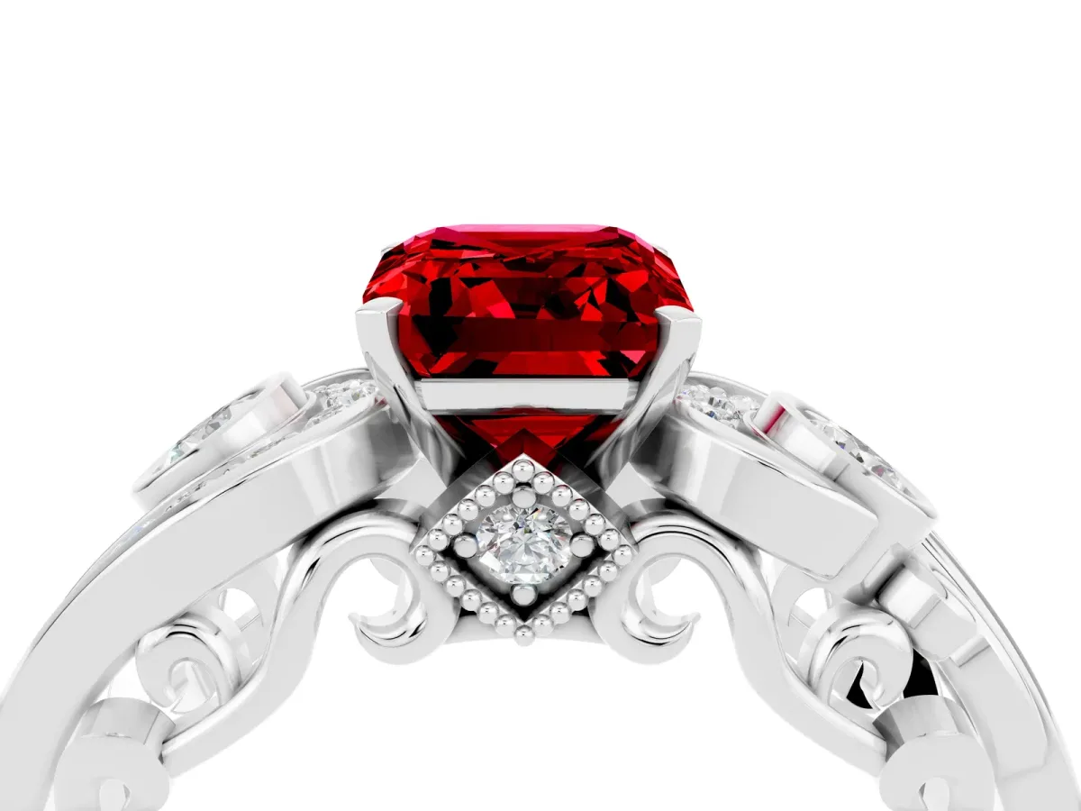 Emerald Cut Ruby Solitaire Ring with Milgrain Pavé Band and Four-Prong Setting White gold
