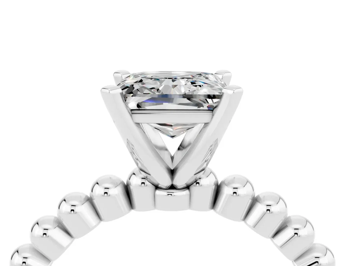 Princess Cut Moissanite Solitaire Ring with Beaded Band and Prong Setting Platinum