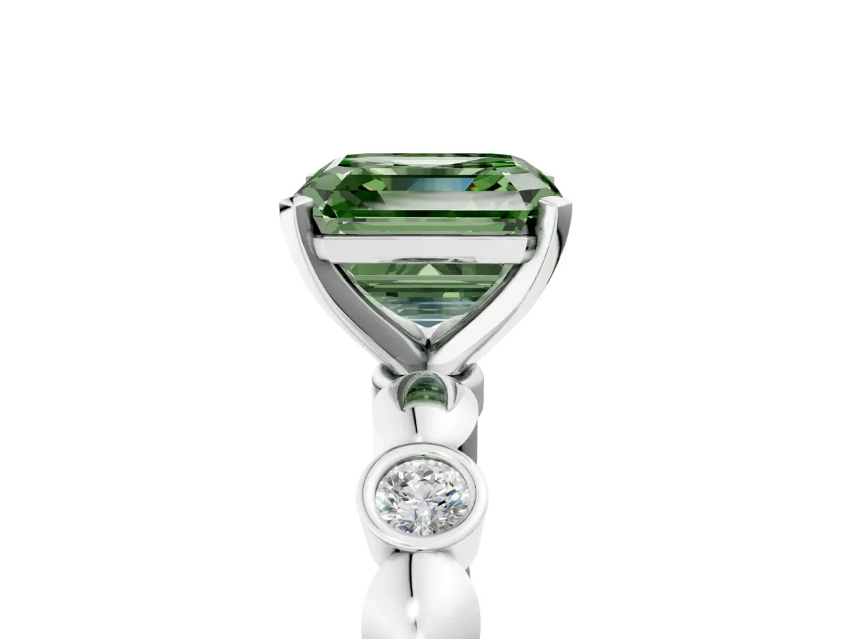 Fancy Green Asscher Cut Solitaire Bezel-Set Diamond Ring with Beaded Band and Four-Prong Setting Platinum