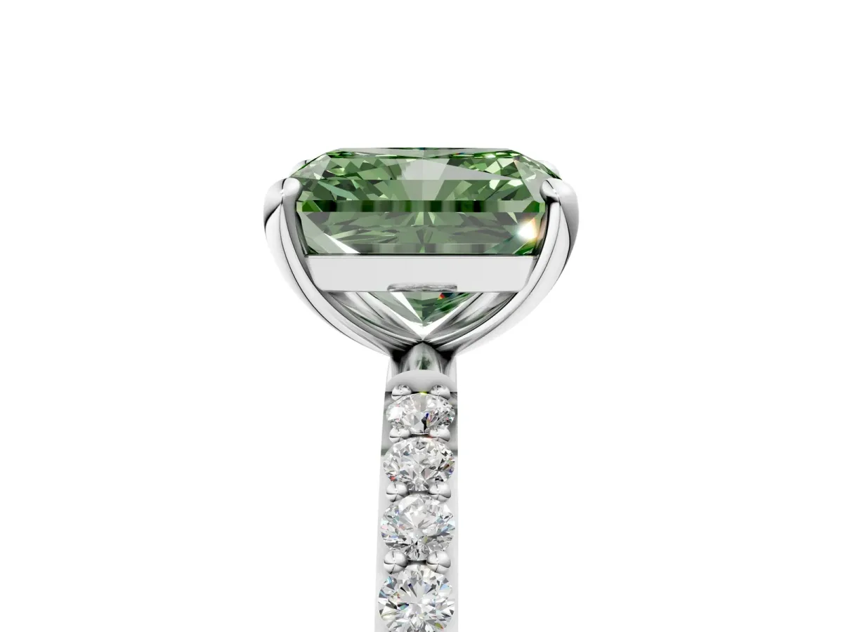 Fancy Green Radiant Cut Diamond Solitaire Ring with Round Pavé Band and Prong Setting Silver