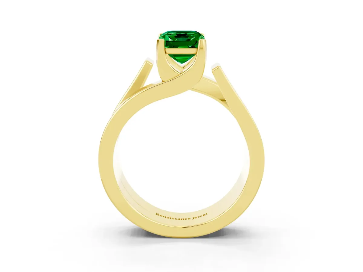 Modern Tension Set Emerald Cut Emerald Solitaire Wide Band Ring Yellow gold