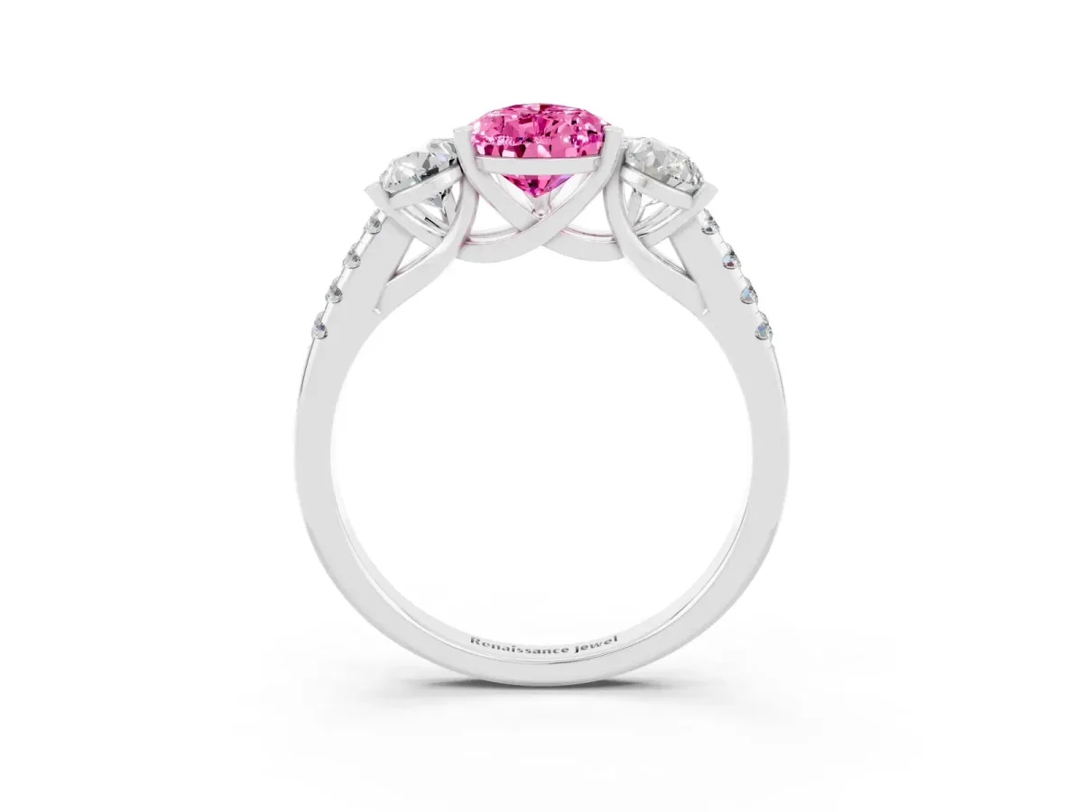 Three-Stone Pear Cut Pink Sapphire Ring with Round Pavé Band and Prong Setting Silver
