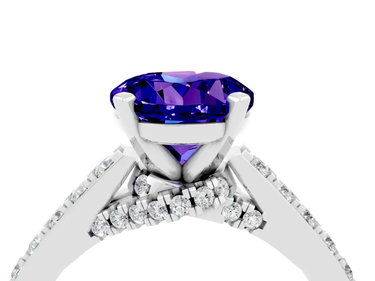 Round Cut Tanzanite Solitaire Ring with Crossover Gallery and Round Pavé Band Silver