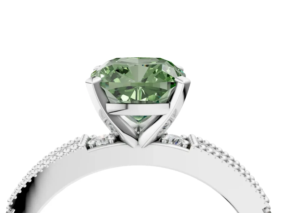 Fancy Green Cushion Cut Solitaire with Pavé Band and Four-Prong Setting Silver