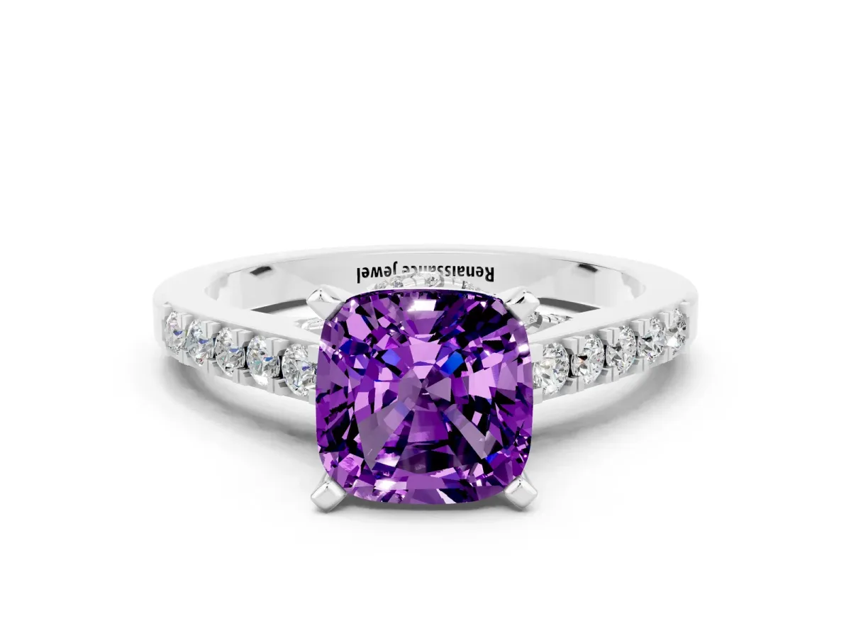 Cushion Cut Amethyst Solitaire Ring with Crossover Gallery and Round Pavé Band Silver