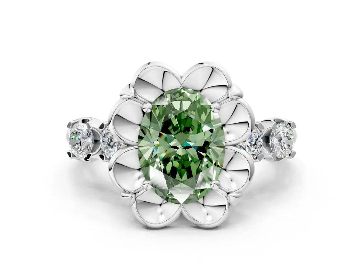 Fancy Green Oval Cut Cut Diamond Floral Halo Engagement Ring with Shared Prong Setting Silver