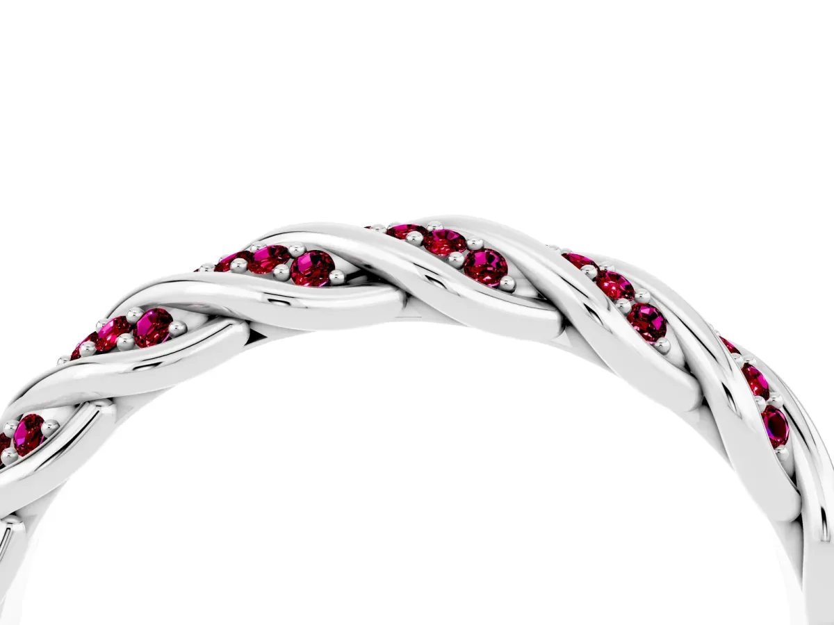Twisted Pavé Round Garnet Eternity Band with Shared Prong Setting Platinum