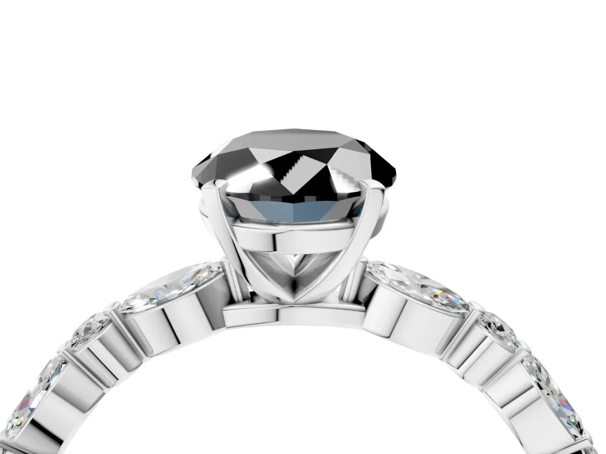 Fancy Black Oval Cut Diamond Ring with Marquise and Round Side Stones and Four-Prong Setting Silver