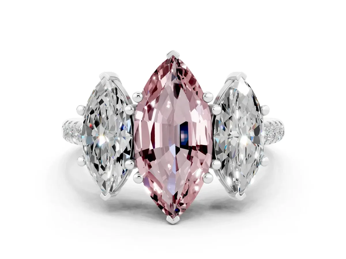 Three-Stone Marquise Cut Morganite Ring with Round Pavé Band and Prong Setting Silver