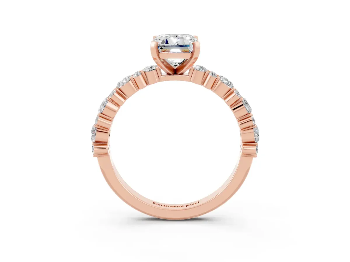 Emerald Cut Moissanite Side Stone Solitaire Ring with Round and Four-Prong Setting Rose gold